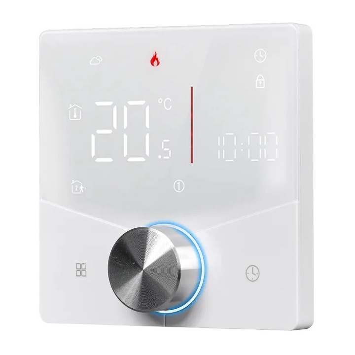 Termostat Inteligent de ambient, Centrala/Boiler Electric cu Rotita, Wi-FI, Control prin Aplicatia Tuya, Wireless, Prindere in Doza de Perete, Control Vocal Google Home, Alexa, Alb @SmartWiz