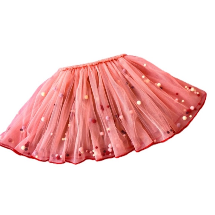 Fusta tulle accesorizata cu pompoane, Coral