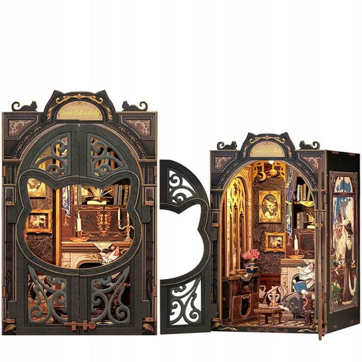 Puzzle 3D Book Nook DIY, Salonul Contelui Pisica, Cu LED, Habarri, Cu Kit De Asamblare, Miniatura Din Lemn Cu Detalii Realiste, Iluminare Eleganta, Ideal Pentru Cadou Si Colectie, 10 x 11.8 x 17.1 cm