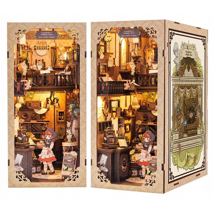 Puzzle 3D Book Nook DIY, Magazinul De Antichitati, Cu LED, Habarri, Cu Kit De Asamblare, Miniatura Din Lemn Cu Detalii Realiste, Iluminare Eleganta, Ideal Pentru Cadou Si Colectie, 18 x 11 x 23 cm