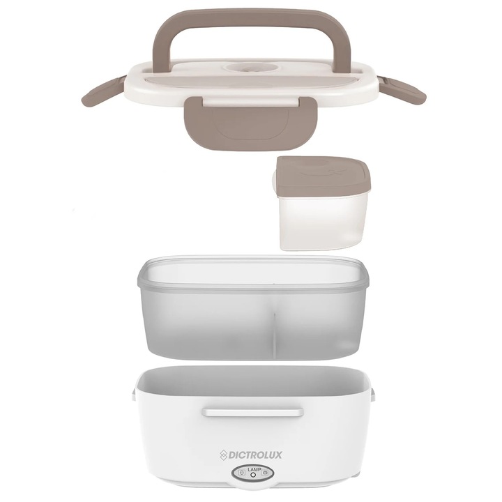 Caserola Electrica, 2 in 1 Cald/Rece, Incalzitor Alimentar Detasabil din Plastic, Capacitate 1, 5 l, 40W, Inchidere ermetica si Lingura Inclusa, Alb/Crem