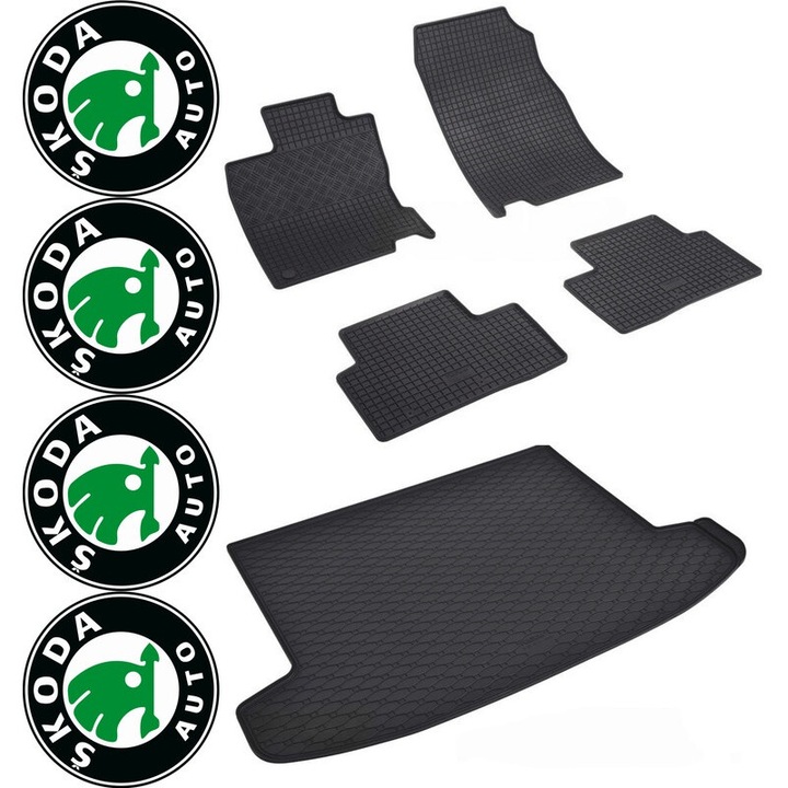 Set Covorase si tavita portbagaj auto Skoda Fabia I din 2000 - 2007, caroserie sedan, 2 locuri si 4 stickere auto Skoda