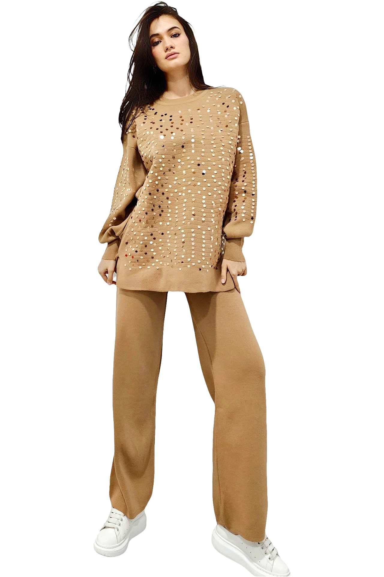 Compleu tricot ALEXXA, cu bluza lunga, paiete si pantaloni lejeri