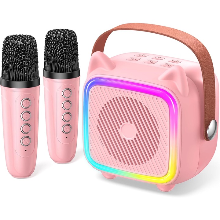 Караоке за деца, Преносимо, с 2 безжични Bluetooth микрофона, 5D HIFI, 5-режима на гласа, RGB светлина с функция за синхронизация, слот за MicroSD карта, акумулаторен високоговорител тип C, за момичета/момчета 3-14 години, AUX, USB , Розово