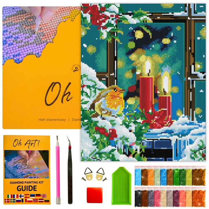 5D Комплект диамантени бродерии с рамка - Диамантена картина 30x40 см, Коледен гоблен Картина Зимна вечер Направи си сам за възрастни и деца - Oh Art!®
