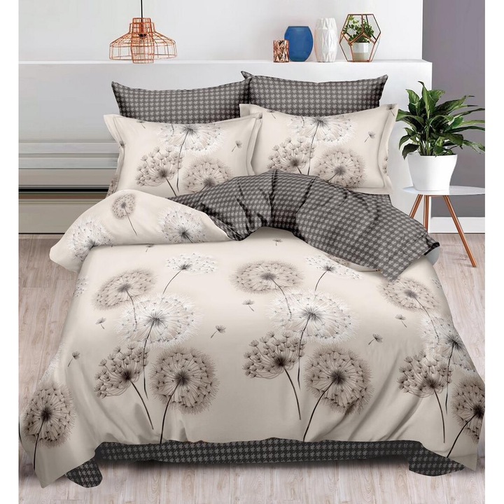 Lenjerie de pat dublu, 2 persoane, Finet, 6 Piese, Cearceaf de pat 240 x 250 cm, Cearceaf pilota 200 x 230 cm, 2 fete de perna 70 x 70 cm, 2 fete de perna 55 x 75cm, Multicolori, H53