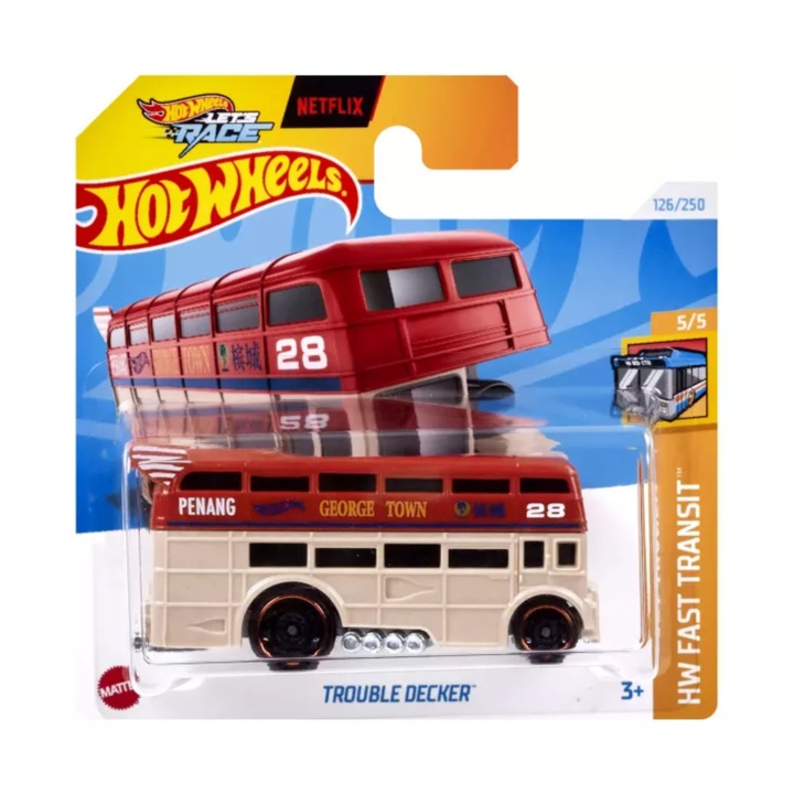 Masinuta Metalica Hot Wheels, Trouble Decker, Colectia HW Fast Transit - Editia 2024, Rosu cu Crem, 1:64
