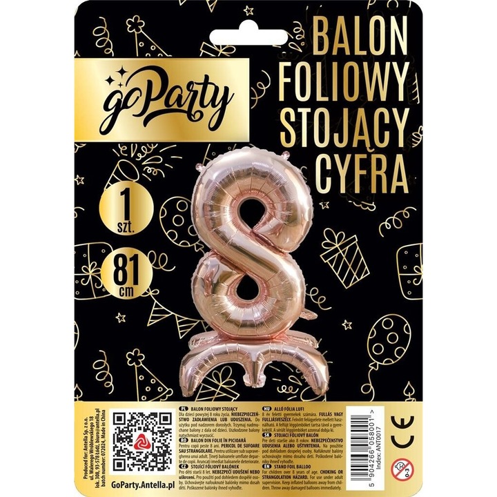 Фолиев балон стоящ цифра 8, GoParty, розово злато, 81 см