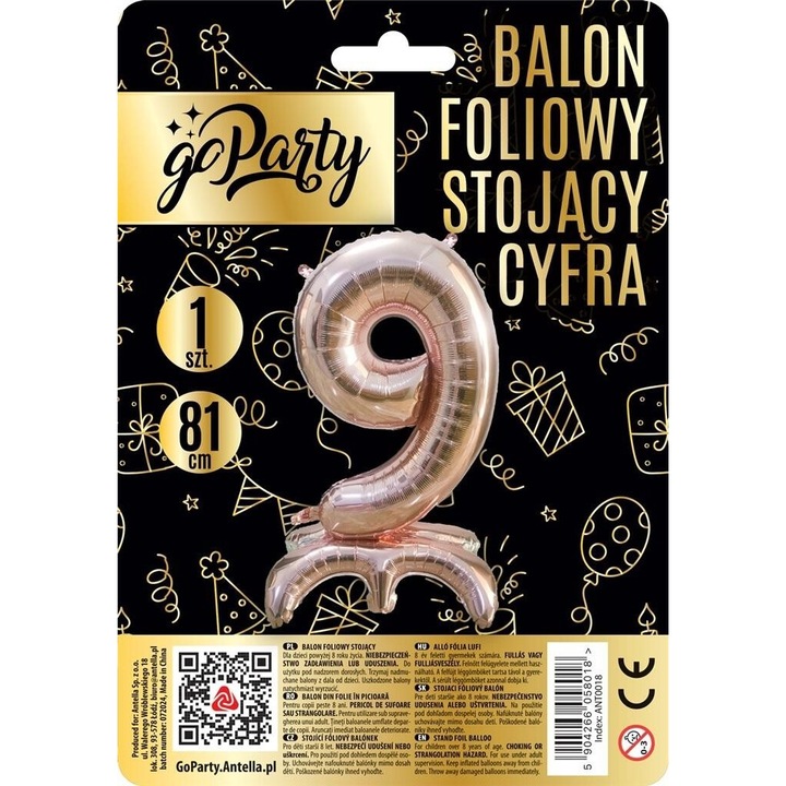 Фолиев балон за стойка цифра 9, GoParty, розово злато, 81см