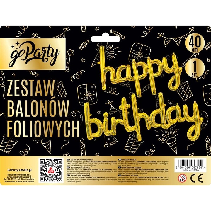Комплект фолиеви балони Happy Birthday, GoParty, златни, 40см