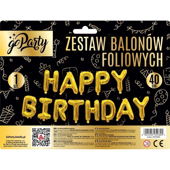 Комплект фолиеви балони Happy Birthday, GoParty, златни букви, 40 см