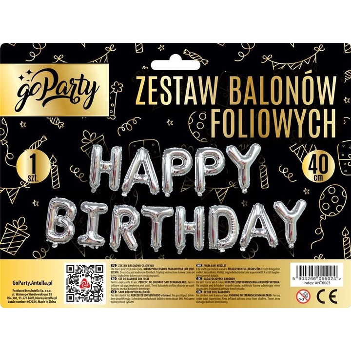 Комплект фолиеви балони Happy Birthday, GoParty, сребърни, 13 балона, 40см