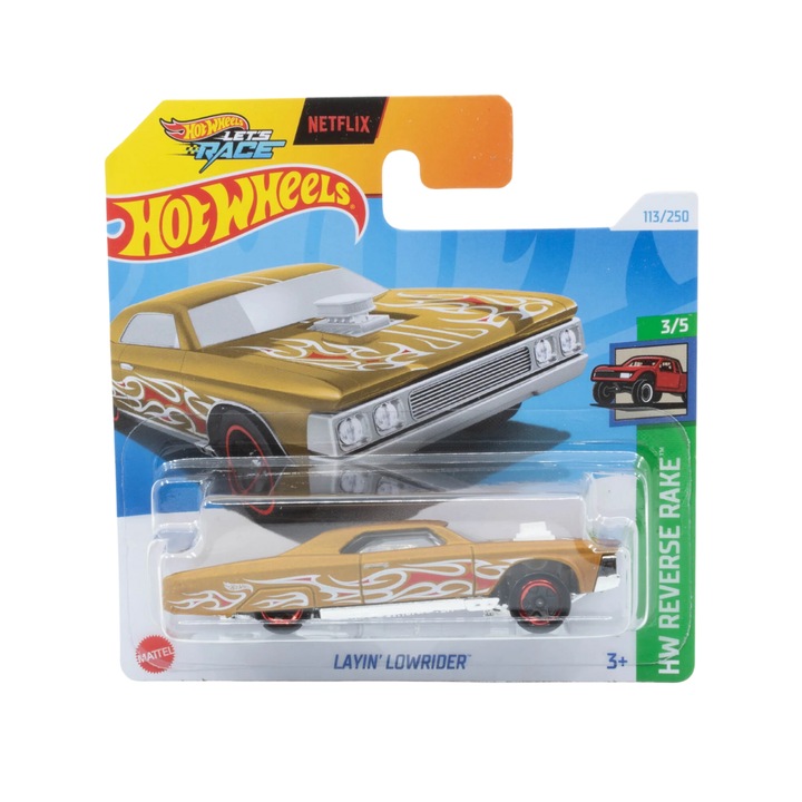 Masinuta Metalica Hot Wheels, Layin' Lowrider, Colectia HW Reverse Rake - Editia 2024, Auriu, 1:64