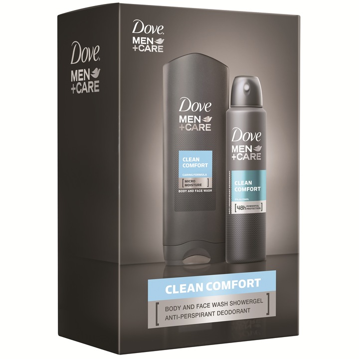 Set Cadou Dove Men Clean Comfort Duo: Gel de dus, 250 ml + Deodorant spray, 150 ml