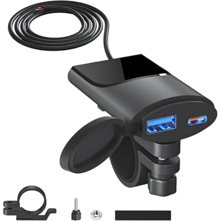 Incarcator USB Dual pentru Motocicleta, Qidoe, Tip-C si Quick Charge 3.0, Waterproof, 12V-24V