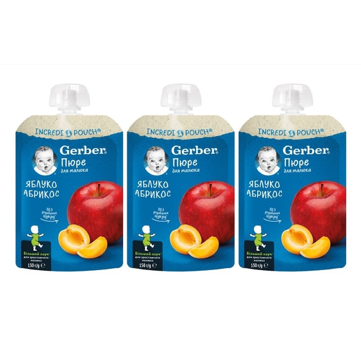 Комплект пюре - пауч за бебета, GERBER, Ябълки и кайсии, от 6-ия месец, 3 бр. Х 150g