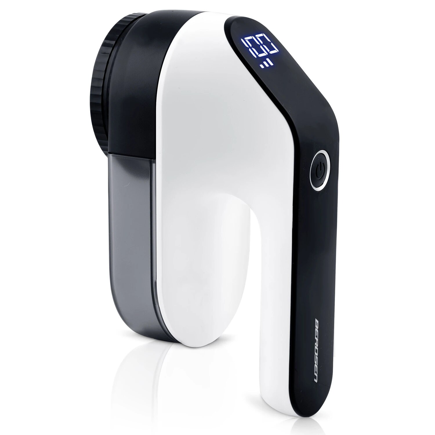 Aparat de curatat scame electric, lame din otel inoxidabil, ecran LCD, 3 niveluri de intensitate a puterii, recipient mare de 120 ml, baterie 2000 mAh, negru si alb