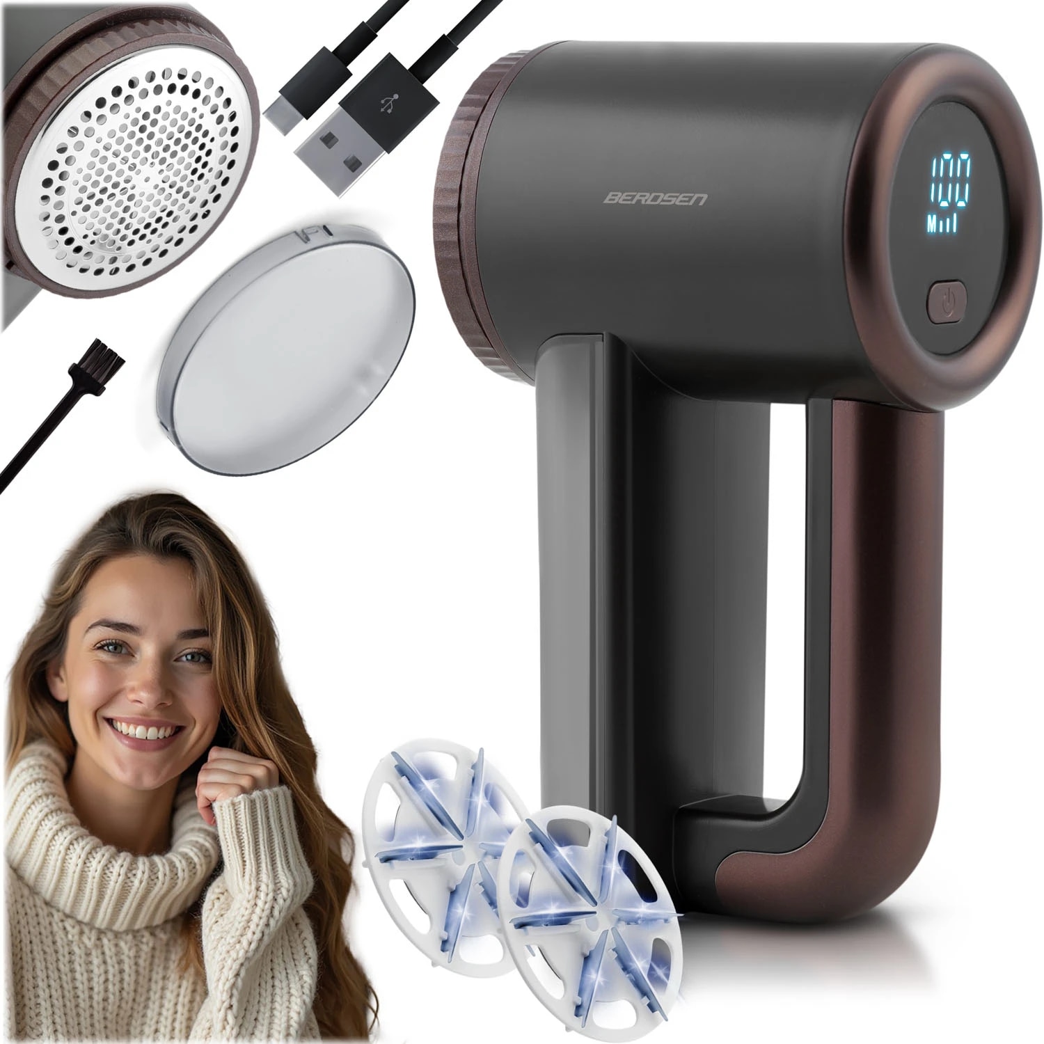 Aparat de curatat scame electric, lame din otel inoxidabil, ecran LCD, 3 niveluri de intensitate a puterii, recipient mare de 120 ml, baterie 2000 mAh, negru
