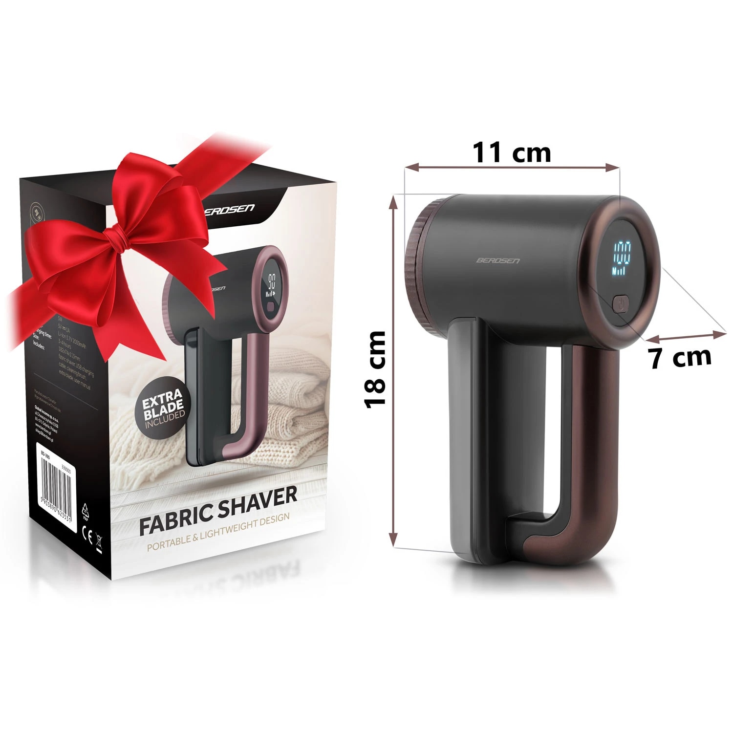 Aparat de curatat scame electric, lame din otel inoxidabil, ecran LCD, 3 niveluri de intensitate a puterii, recipient mare de 120 ml, baterie 2000 mAh, negru