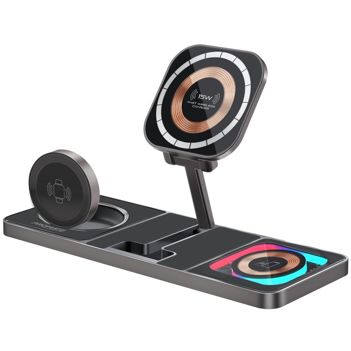 Зарядна станция ProMate, AuraSlate-Trio, 3-in-1, Slim, Transparent, Wireless, 15W MagSafe, 3W Apple Watch, Черна