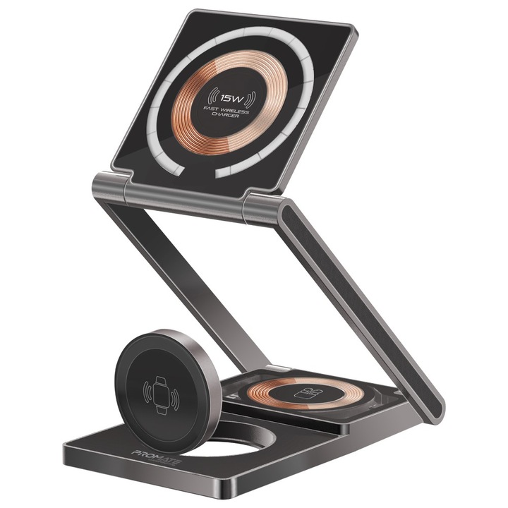Зарядна станция ProMate, LucidFold-Trio, 3-in-1, Transparent, Foldable Wireless Charging,15W MagSafe, 5W Wireless Charger, 3W Apple Watch, Черна