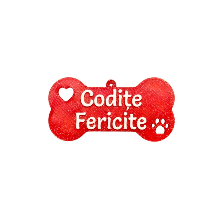Decoratiune pentru Bradul de Craciun, Os cu mesaj amuzant "Codite Fericite", Potrivit pentru iubitorii de animale, rosu glitter, 94x49 mm