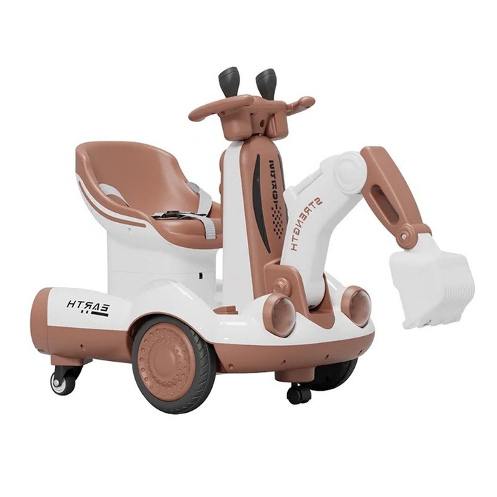 Utilaj Electric tip Excavator, Comando Kids, Brat Electric Mobil, Maneta Control, Spatar, Centura de Siguranta, Sistem de Iluminare, Sistem Sonorizare, Ghidon cu Rotire 360 Grade, Varsta 2-7 Ani, Maro
