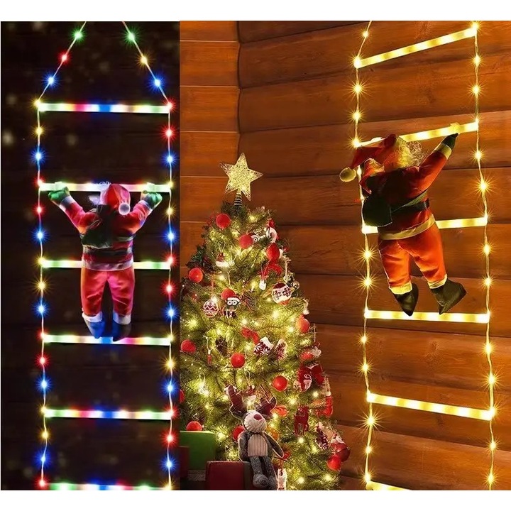 Világító dekoráció Mikulás a lépcsőn, 228 LED, hossza 3 m, USB táp, sokszínű