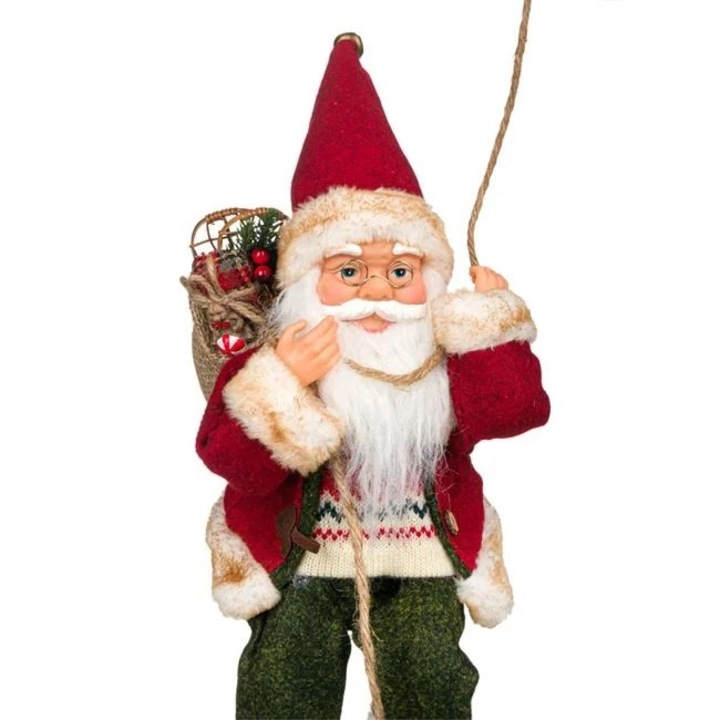 Figurina decorativa suspendabila de Craciun Antbro® Mos Craciun cu caciula rosie ce se urca pe sfoara, 46cm