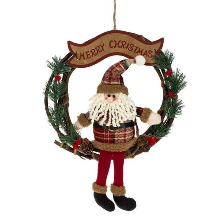 Decoratiune suspendabila de Craciun Antbro® coronita cu Mos Craciun cu caciula in carouri si mesaj Merry Christmas, 15cm