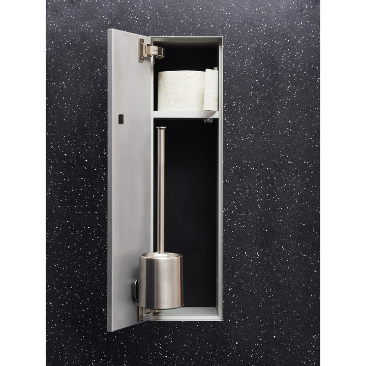 Вграден шкаф за тоалетна четка, С допълнителен рафт за подаване на хартия, 660мм, Алуминиев, Мат, Леви панти