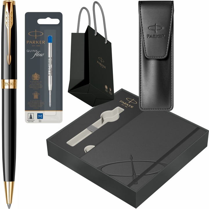 Pix Parker Sonnet Royal Black GT cu gravura laser inclusa, rezerva pix Jumbo Quink Flow albastra, etui Parker Leather Black, in cutie cu agenda Royal III Collection si punga