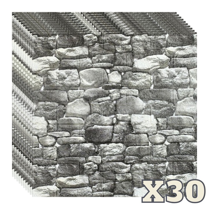 Set 30 Panouri Decorative Autoadezive 3D ZMR, 70x77 cm, Model 'Piatra Naturala Gri', Grosime 3 mm, Material PVC Rezistent, Acoperire: 16,2 mp – Ideal pentru Pereti cu Aspect Elegant si Modern