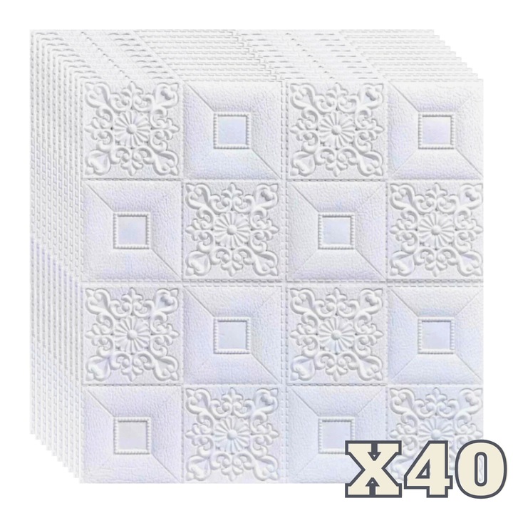 40 db ZMR 3D öntapadó dekoratív panel készlet, 70x77 cm, 'Relief fehér virágos' modell, 3 mm vastagság, ellenálló PVC anyag, 21,6 m² terület - Ideális hálószobák vagy nappalik mennyezetére és falára