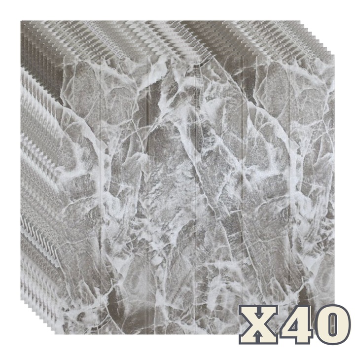 Set 40 Panouri Decorative Autoadezive 3D ZMR, 70x77 cm, Design 'Marmura Gri', Grosime 3 mm, Material PVC Rezistent, Acoperire: 21,6 mp – Potrivit pentru Bai sau Bucatarii