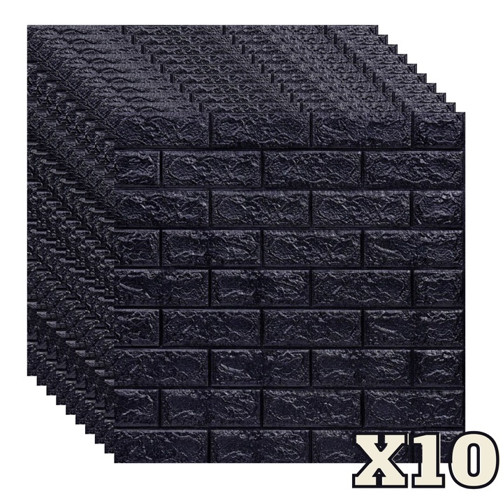 10 db ZMR 3D öntapadó dekorációs panel készlet, 70x77 cm, "fekete tégla" kivitel, vastagság 3 mm, PVC anyag, burkolat: 5, 4 nm - Modern elegancia nappali vagy előszoba falára