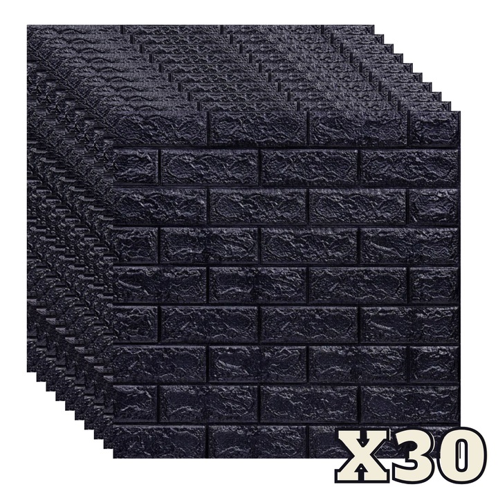 30 db ZMR 3D öntapadó dekorációs panel készlet, 70x77 cm, "fekete tégla" kivitel, vastagság 3 mm, PVC anyag, burkolat: 16, 2 nm - Modern elegancia nappali vagy előszoba falára