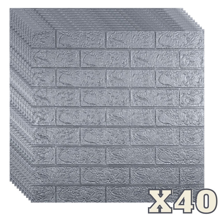 Set 40 Panouri Decorative Autoadezive 3D ZMR, 70x77 cm, Design 'Caramida Gri', Grosime 3 mm, Material PVC, Acoperire: 21,6 mp – Modern si Usor de Aplicat, Perfect pentru Spatii cu Aspect Industrial