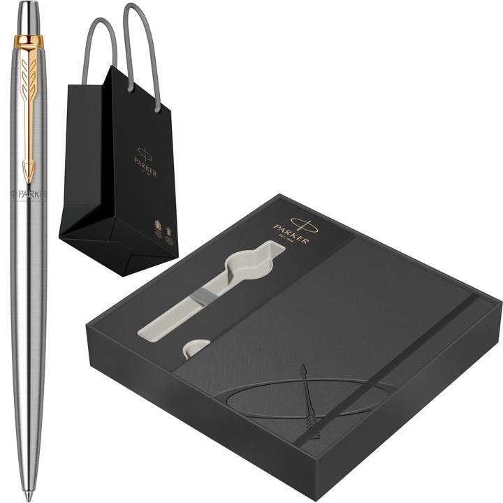Pix Parker Jotter Royal Stainless Steel GT cu gravura laser inclusa, in cutie cu agenda Royal III Collection si punga