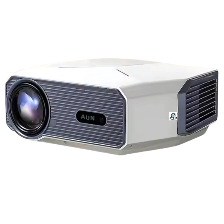 LED видео проектор AUN A004 Pro 1080P от ATOM DEALS, 4K UltraHD, Android 9, WiFi, размери на проекцията 1.5-2.5m, разстояние на прожектиране 1.2-6.35m, 9000 лумена, бял