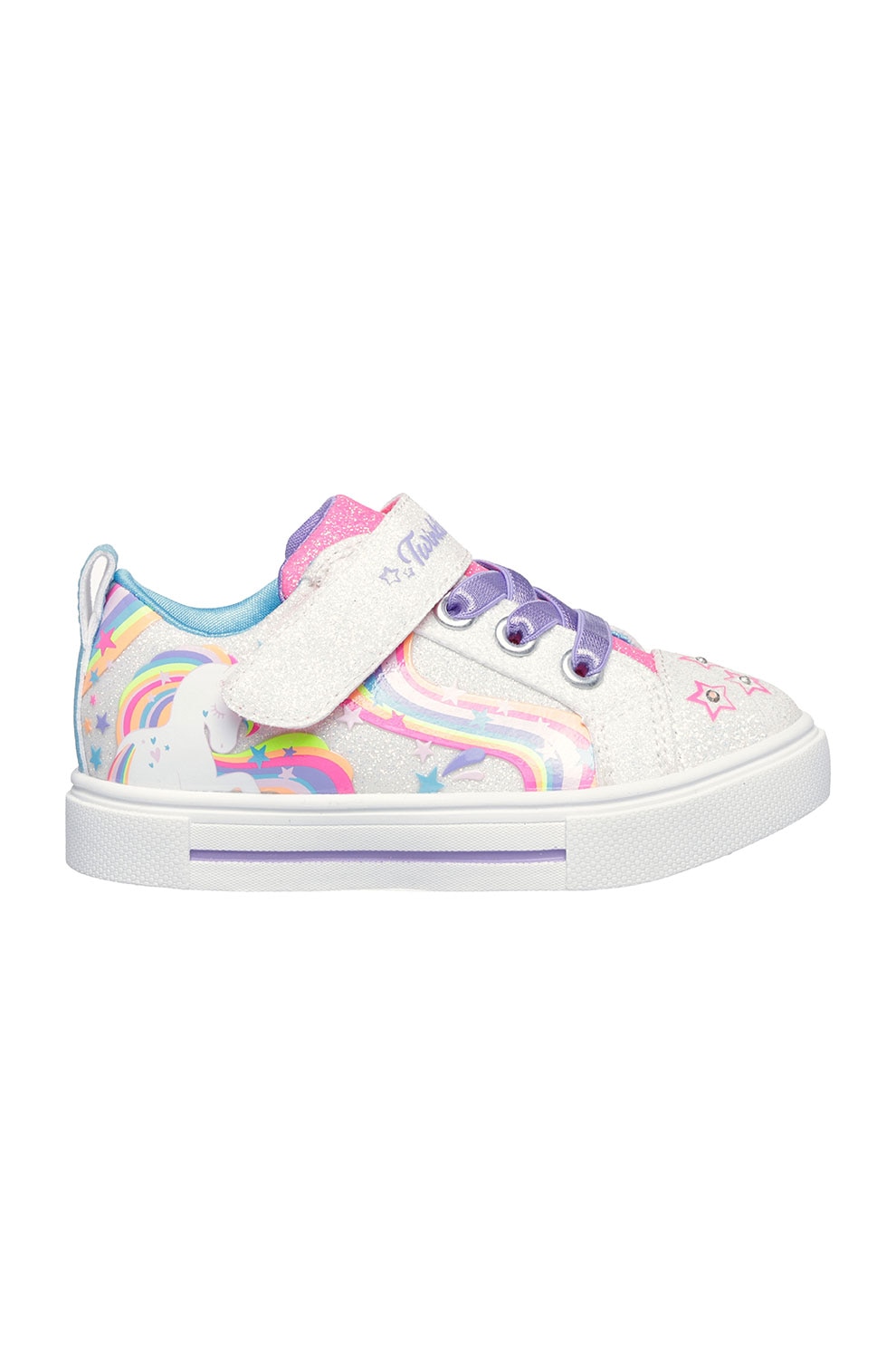 Skechers, Pantofi stralucitori cu velcro si lumini Twinkle Sparks, Alb, Roz, Albastru, 21 EU