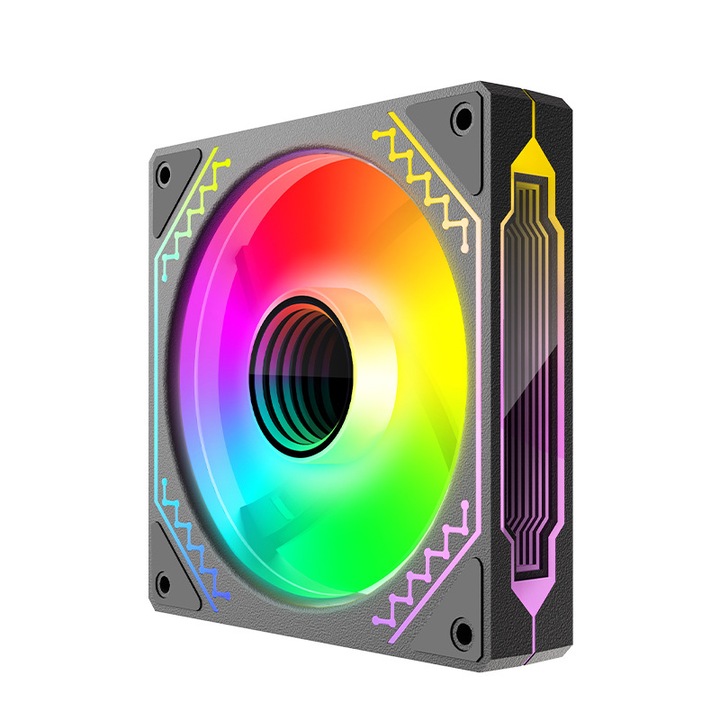 Számítógépház ventilátor, ARGB fényhatás szinkronizálás, intelligens hőmérséklet szabályozás, csúszásgátló, 1800RPM, 25dB, 80000H, fordított kivitel, 120 x 120 x 25 mm, W alakú prizma, fekete