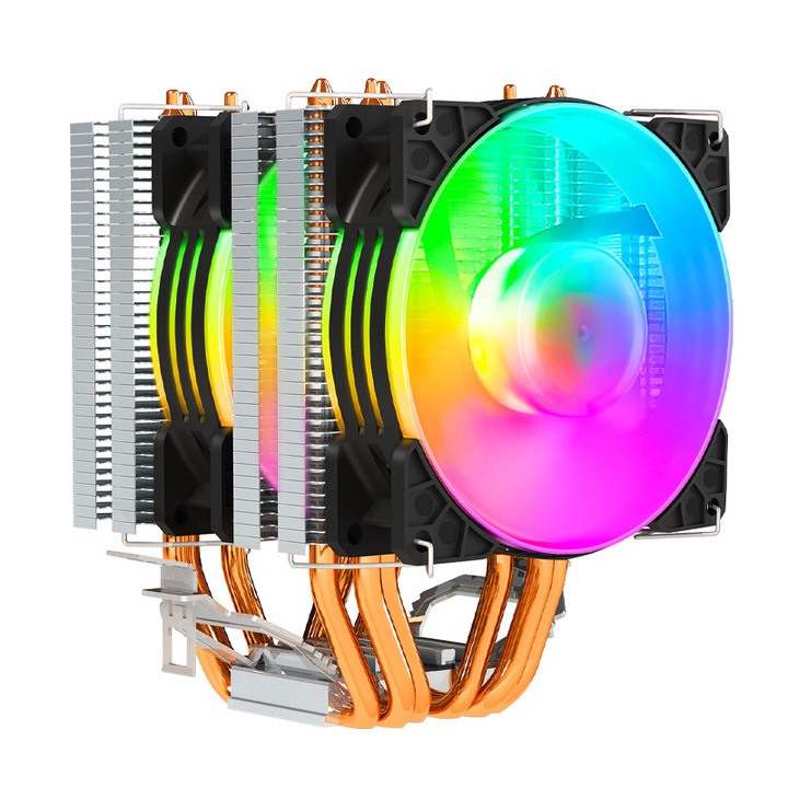 Racitor CPU, ventilatoare duble de 9 cm, control inteligent al temperaturii, iluminare cu LED, silentios, flux de aer ridicat, 135x98x125mm, negru