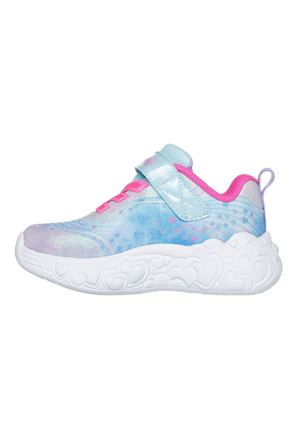 Skechers, Pantofi sport cu model si aspect stralucitor, Roz pastel, Albastru deschis, 21 EU