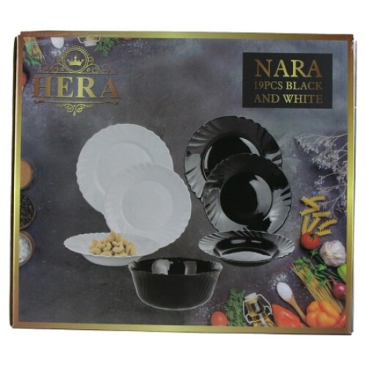 Set farfurii opal, 19 piese, Nara, Black&White