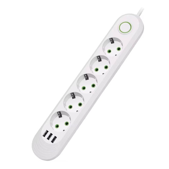 Удължител с 5 гнезда и 3 USB NEXTLY порта, превключвател, опора за окачване, устойчив на високи температури, 3м кабел, 2500W, бял