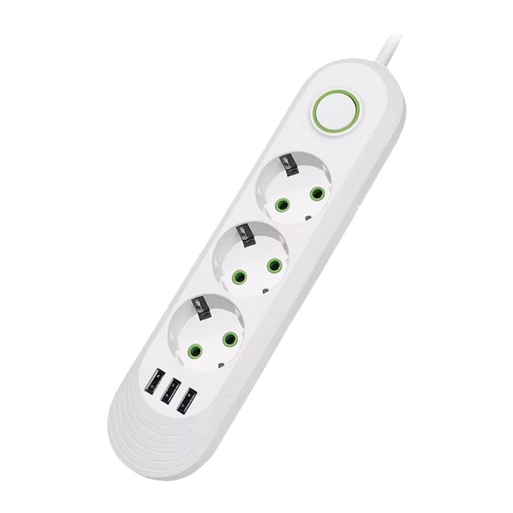 Удължител с 3 гнезда и 3 USB NEXTLY порта, превключвател, опора за окачване, устойчив на високи температури, 2м кабел, 2500W, бял