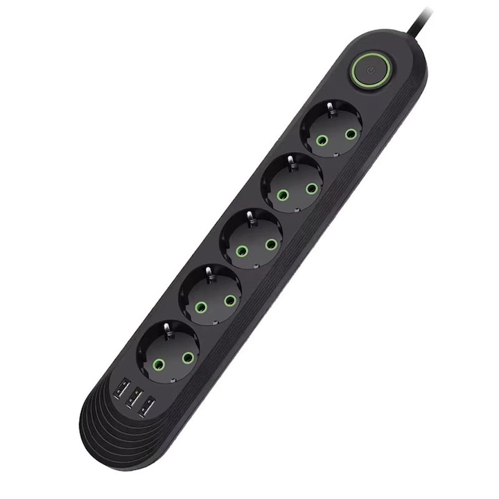 Удължител с 5 гнезда и 3 USB NEXTLY порта, превключвател, опора за окачване, устойчив на високи температури, 3м кабел, 2500W, черен