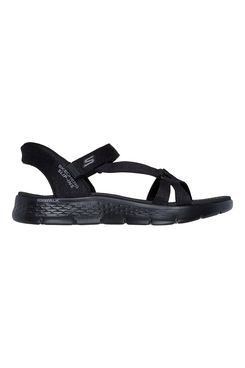 Skechers, Sandale slip-on cu logo si talpa plata, Negru, 36