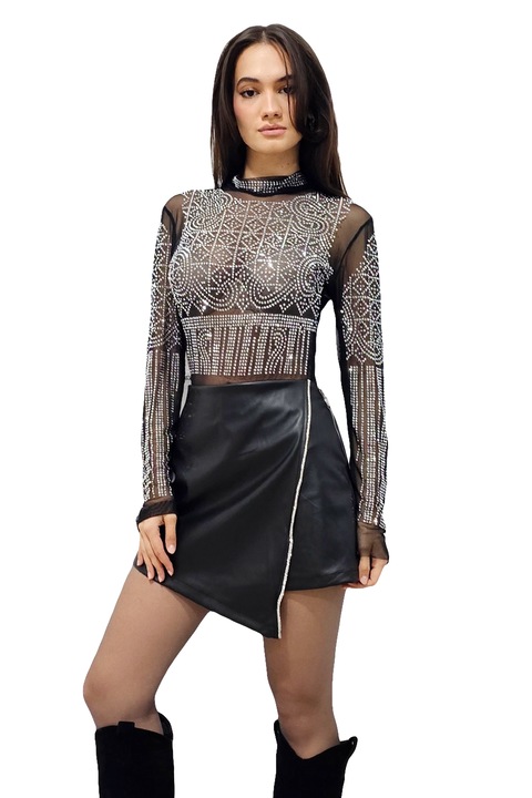 Bluza tip body Mystic Romb, din tull si cristale, cu imprimeu gotic, Negru, Marime universala S/M, FashionForYou